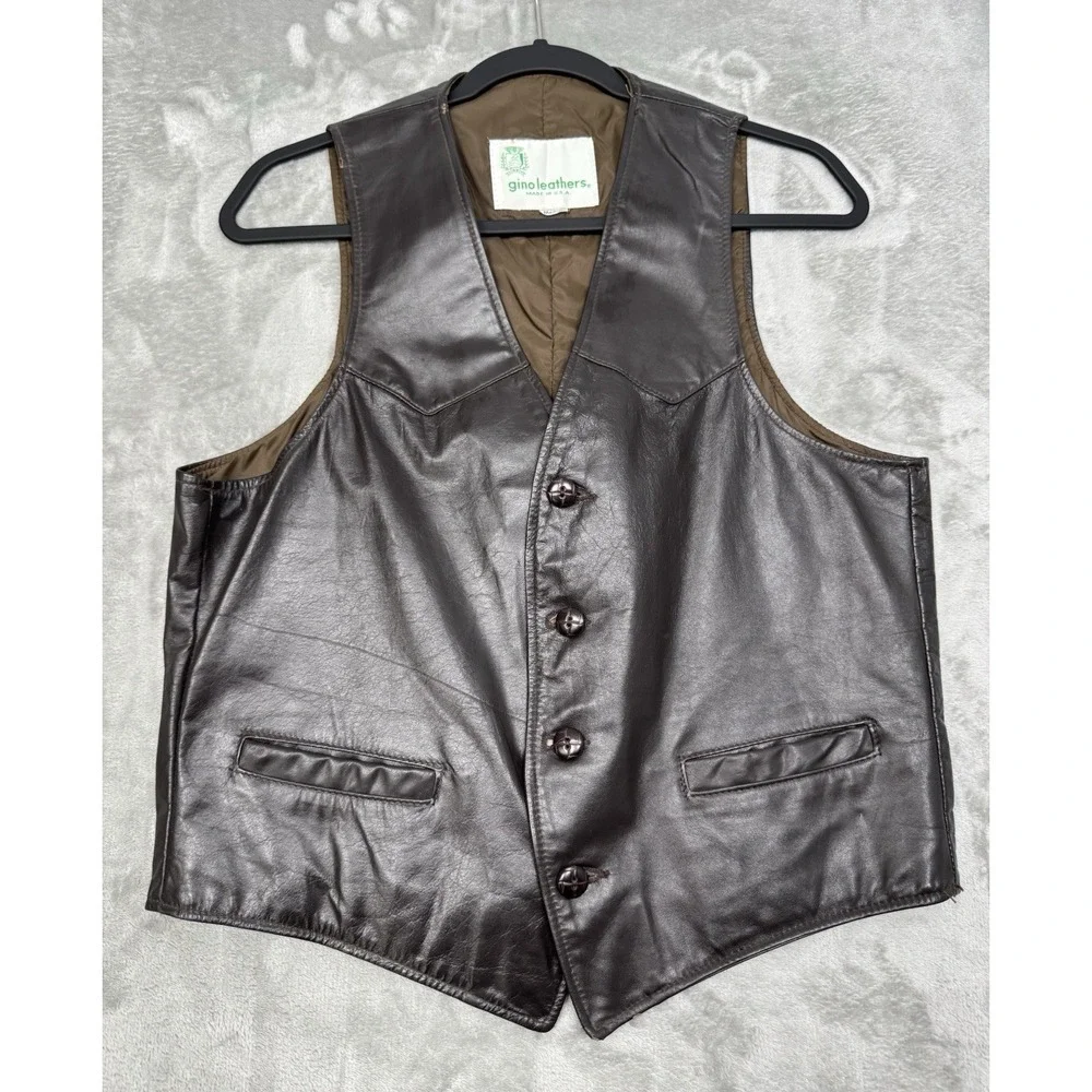 Vintage Gino Leathers Vest Mens Medium Brown Button Biker Western Moto 90s Y2K
